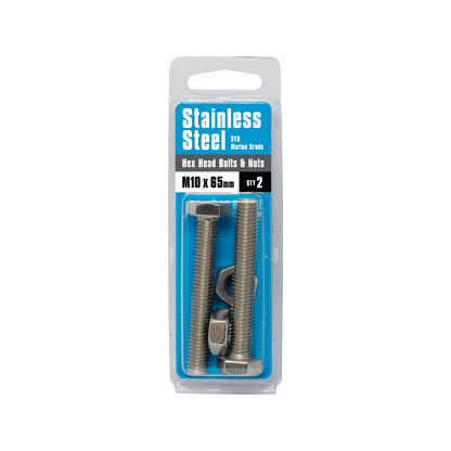 Pinnacle Hex Bolt & Nut - M10 x 65mm - Stainless Steel - 2 Pack