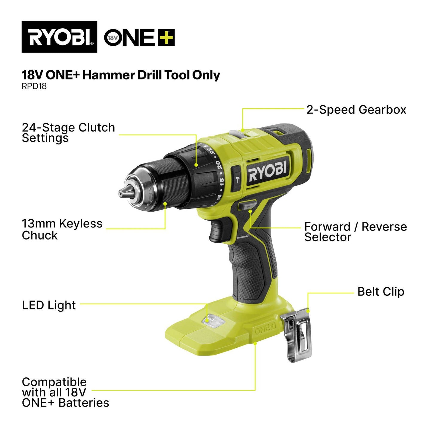 Ryobi ONE+ Hammer Drill Kit - 2Ah - 90 Accessories - 165 x 220 x 360mm