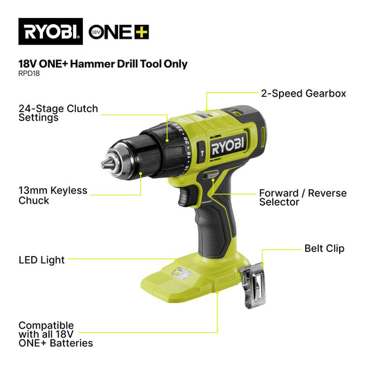 Ryobi ONE+ Hammer Drill Kit - 2Ah - 90 Accessories