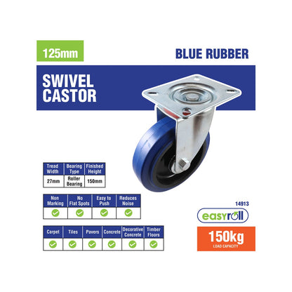 Easyroll Heavy Duty Castor - 125mm - Blue Elastic Rubber - Non-Marking