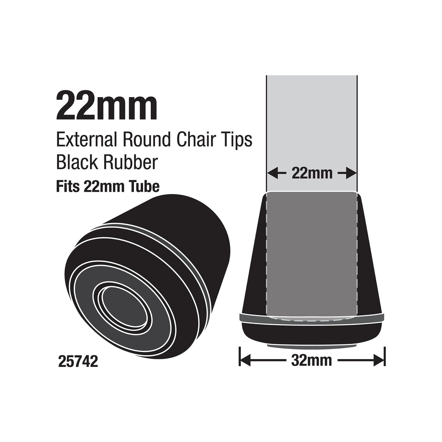 Surface Gard Black Round Rubber Chair Tip - 22mm - 4 Pack