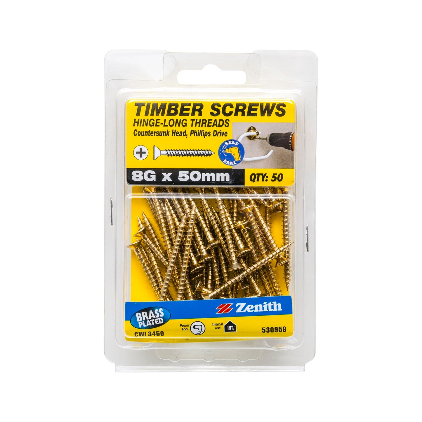 Zenith Timber Screws - 8g x 50mm - Brass - 50 Pack