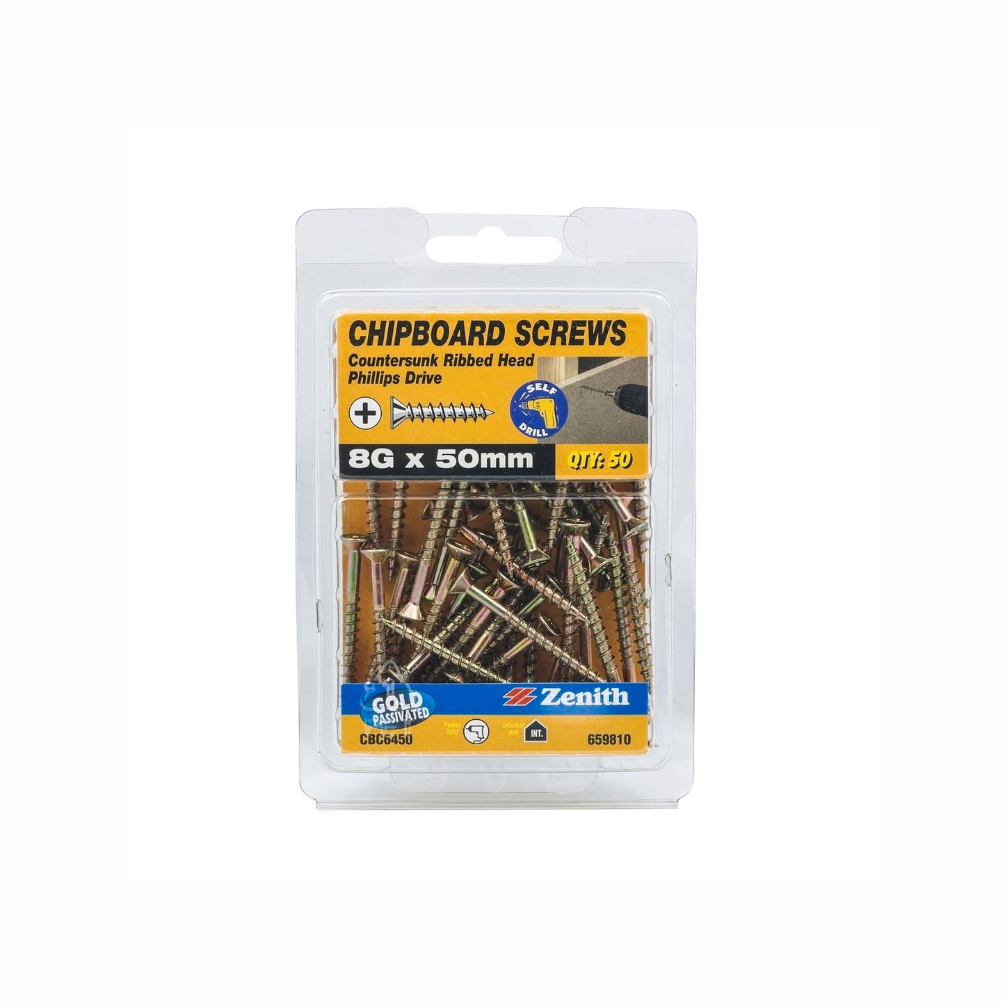 Zenith Gold Passivated Chipboard Screws - 8g x 50mm - 50 Pack