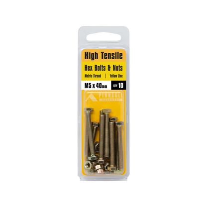 Pinnacle Hex Bolt and Nut - 5 x 40mm - Yellow - 10 Pack