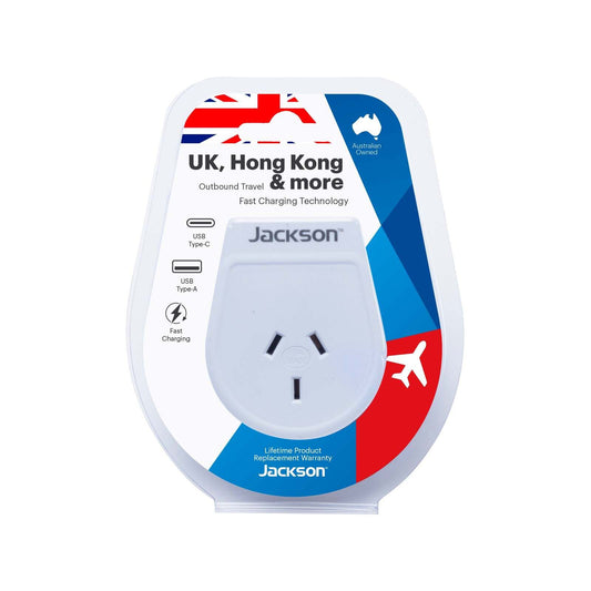 Jackson Outbound Slim USB A & C Travel Adaptor - UK, Hong Kong