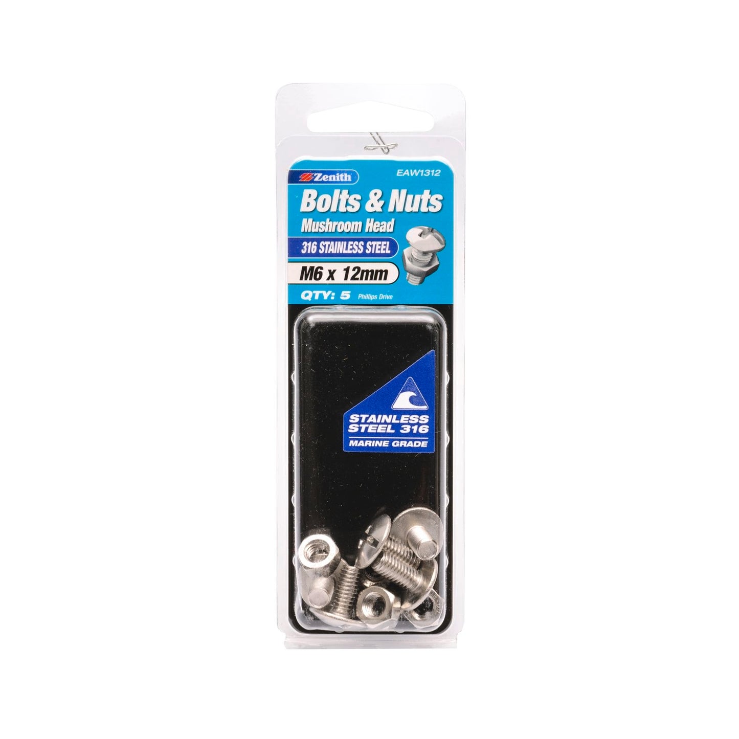 Zenith M6 x 12mm - 316 Stainless Steel Mushroom Head Bolt & Nut - 5 Pack