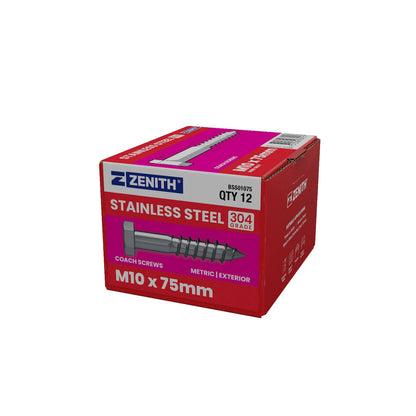 Zenith Hex Head Coach Screws - M10 x 75mm - Stainless Steel 304 - 12 Pack
