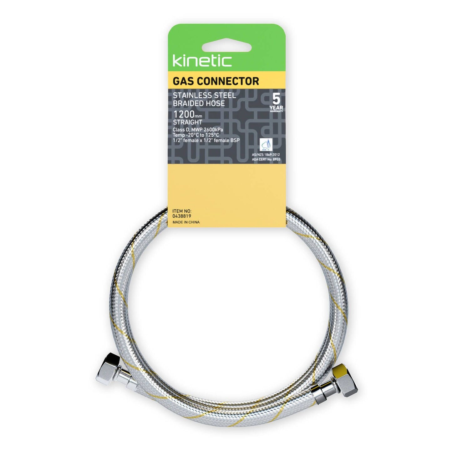 Kinetic 1200mm Stainless Steel Flexible Braided Gas Connector
