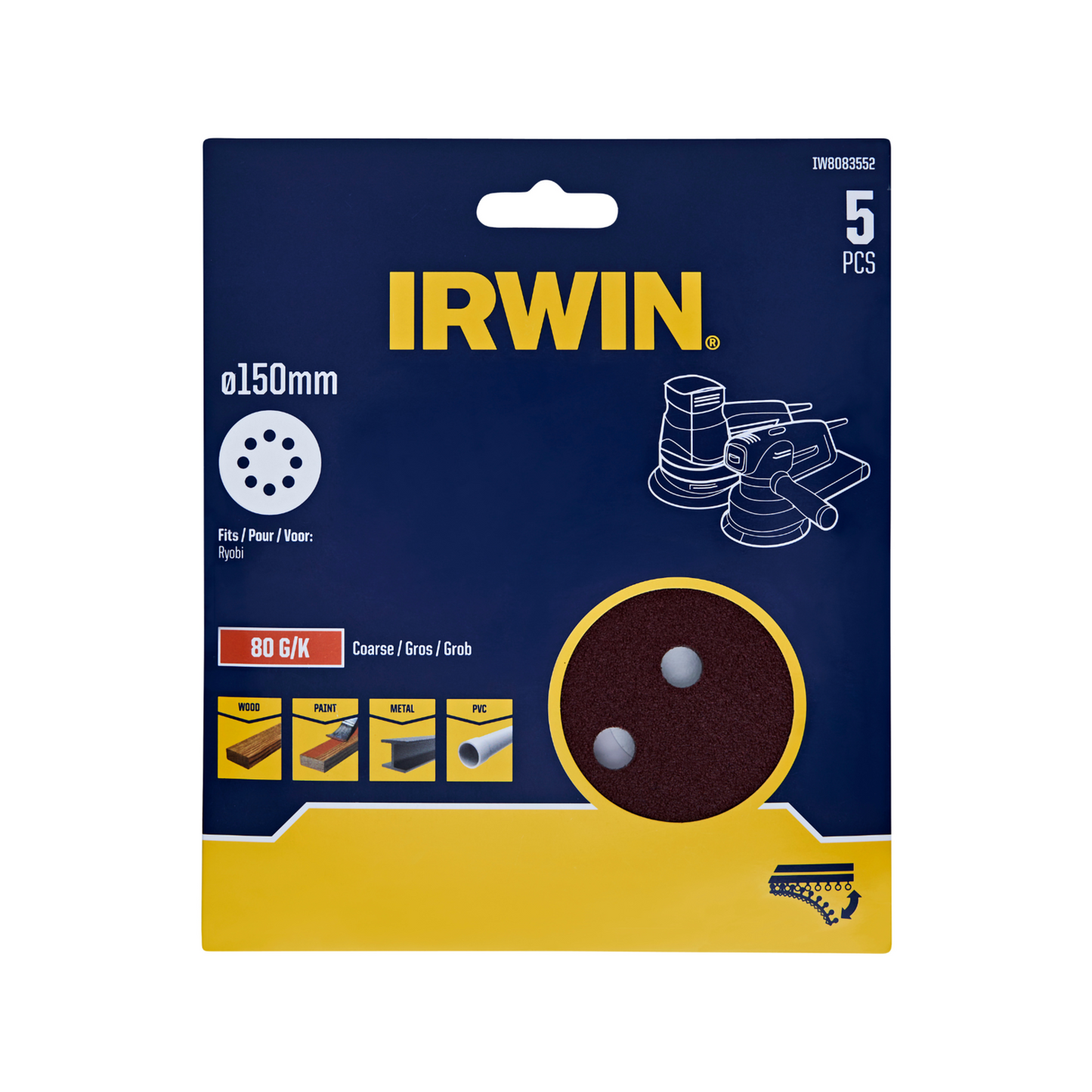 Irwin Quick Fit Random Orbital Sanding Discs - 150mm - 80 Grit - 5 Pack