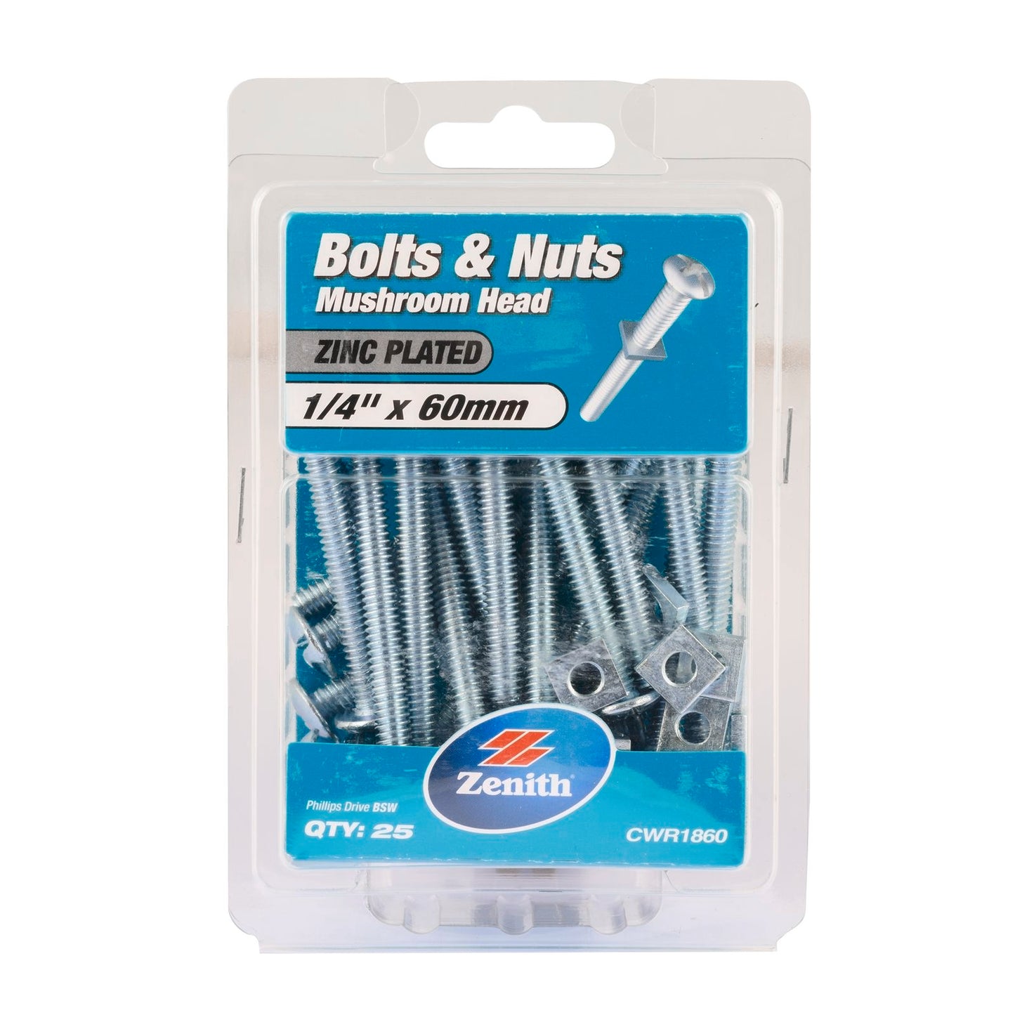 Zenith Mushroom Head Bolt - 1/4 x 60mm - 25 Pack