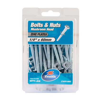 Zenith Mushroom Head Bolt - 1/4 x 60mm - 25 Pack