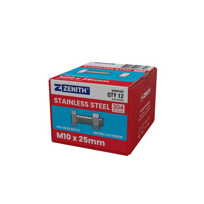 Zenith Stainless Steel 304 Grade Hex Head Bolts and Nuts - M10 x 25mm - 12 Pack