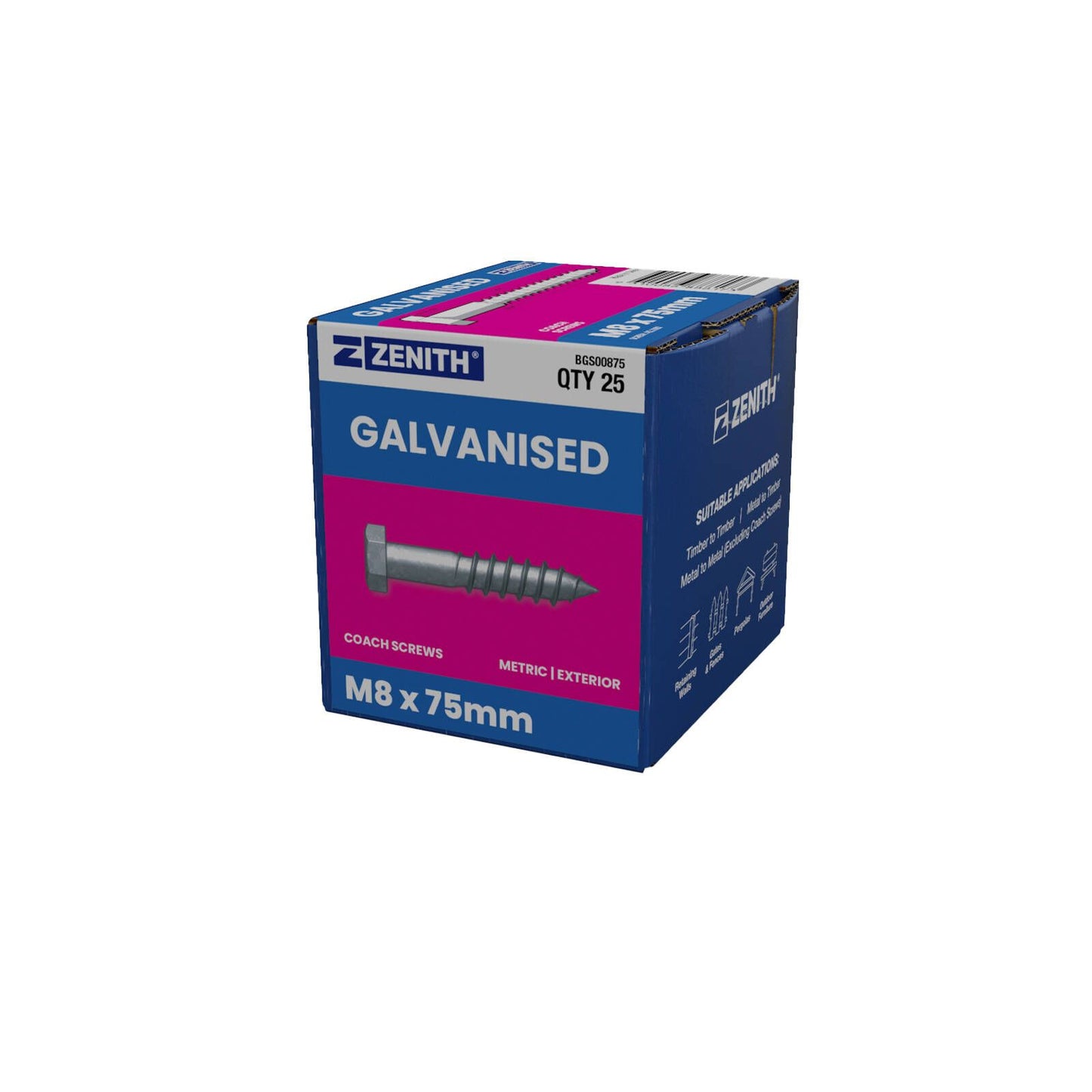 Zenith Hot Dip Galvanised Hex Head Coach Screws - M8 x 75mm - 25 Pack