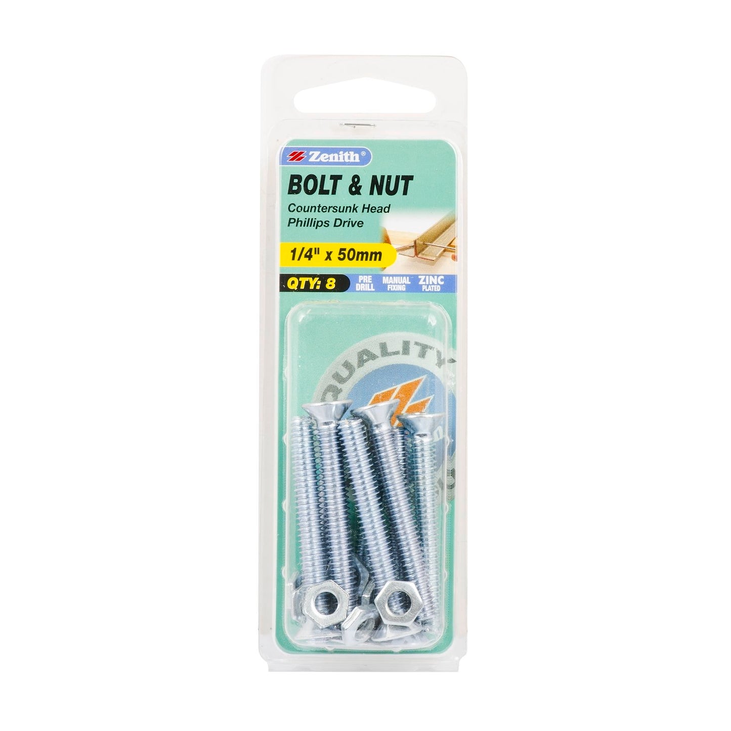 Zenith Countersunk Bolt & Nut - 1/4 x 50mm - 8 Pack