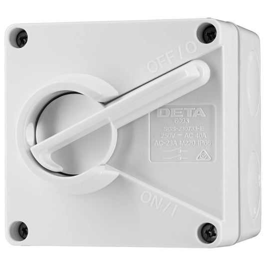 DETA IP66 Weatherproof Double Pole Isolator - 40A - 85 x 85 x 70mm - White