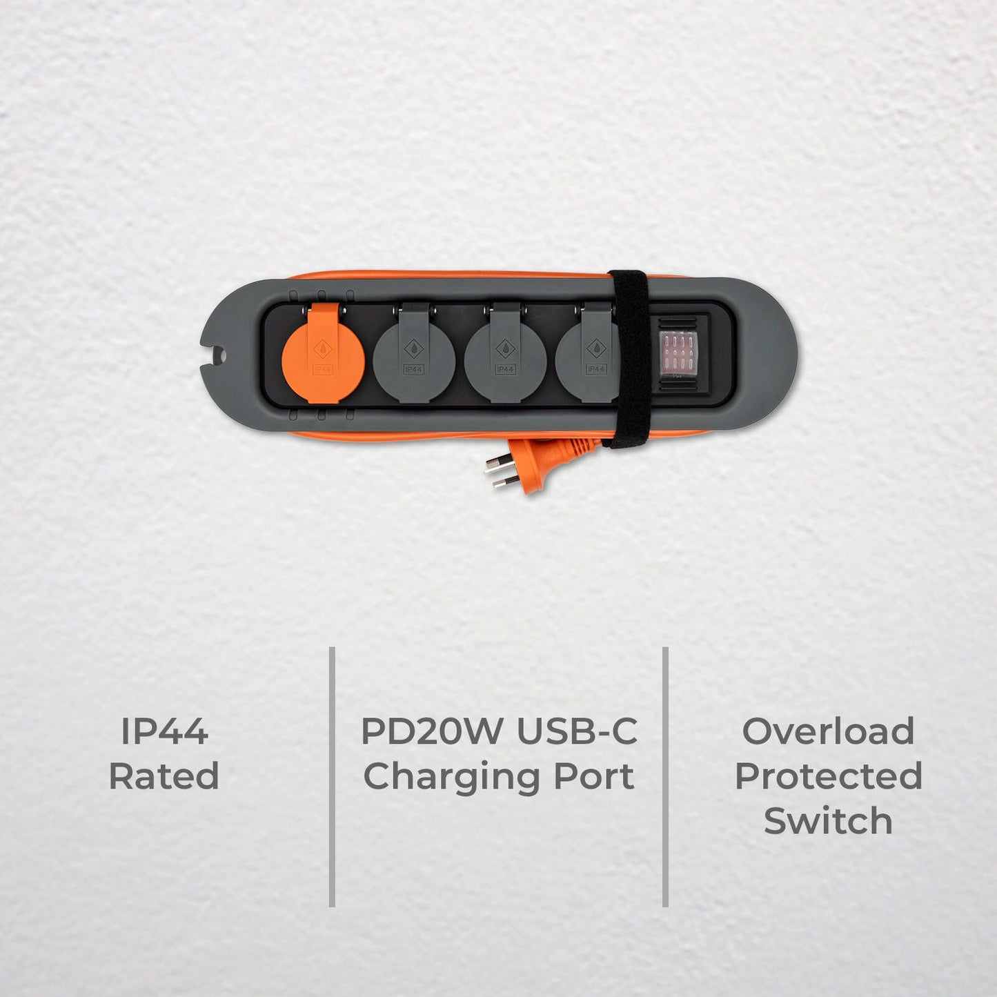 Deta Trade Tuff Heavy Duty Powerboard - 3 Outlet - 3m - Grey/Orange