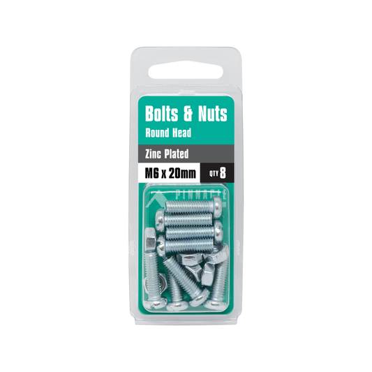 Pinnacle Zinc Plated Round Head Bolts & Nuts M6 x 20mm 8 Pack