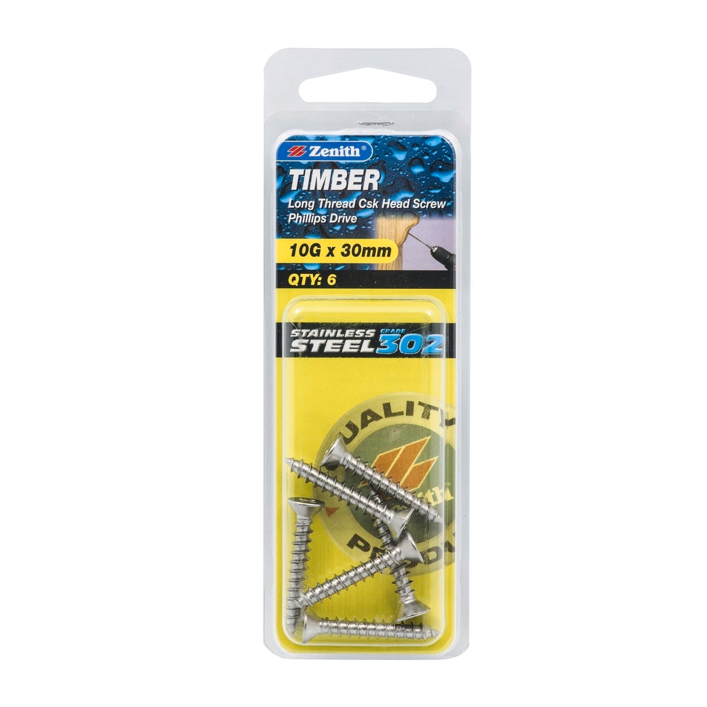 Zenith Timber Screws - 10g x 30mm - Stainless Steel - 6 Pack