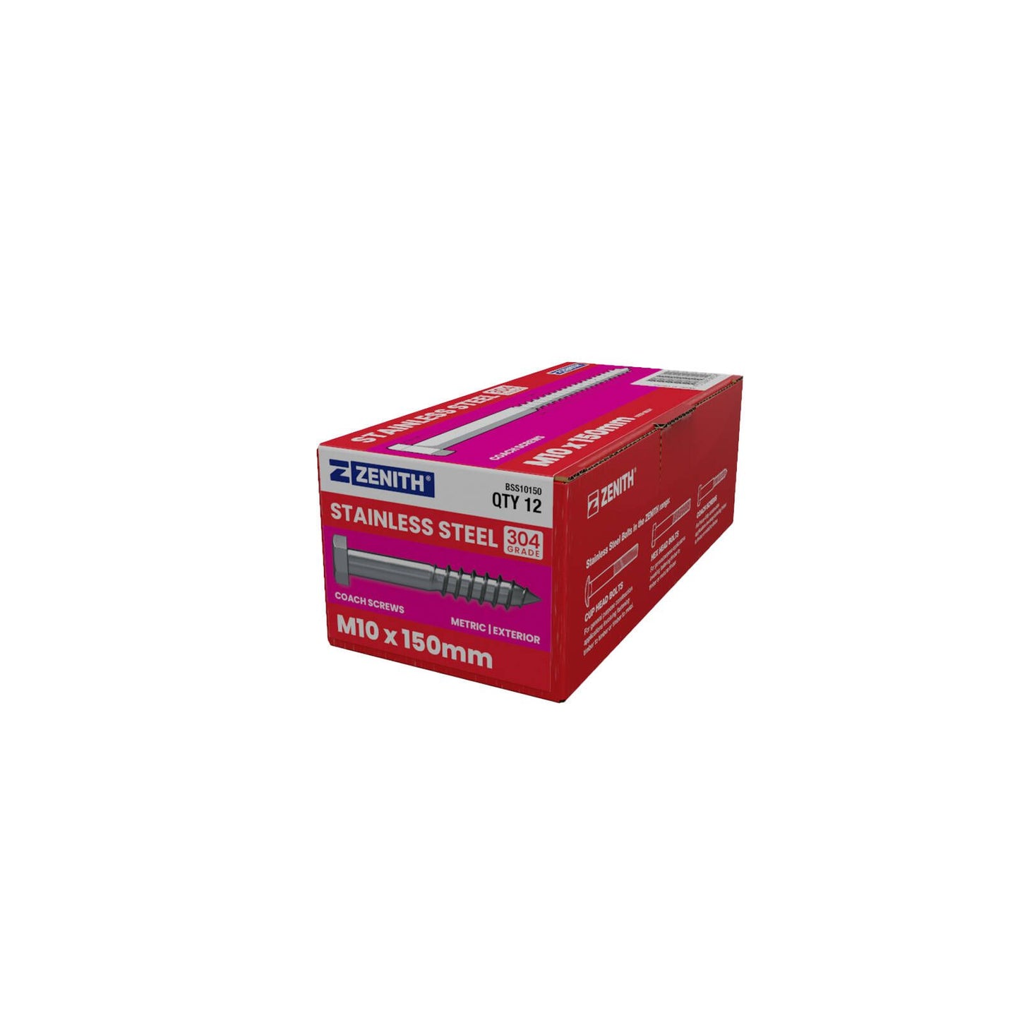 Zenith Hex Head Coach Screws - M10 x 150mm - Stainless Steel - 12 Pack