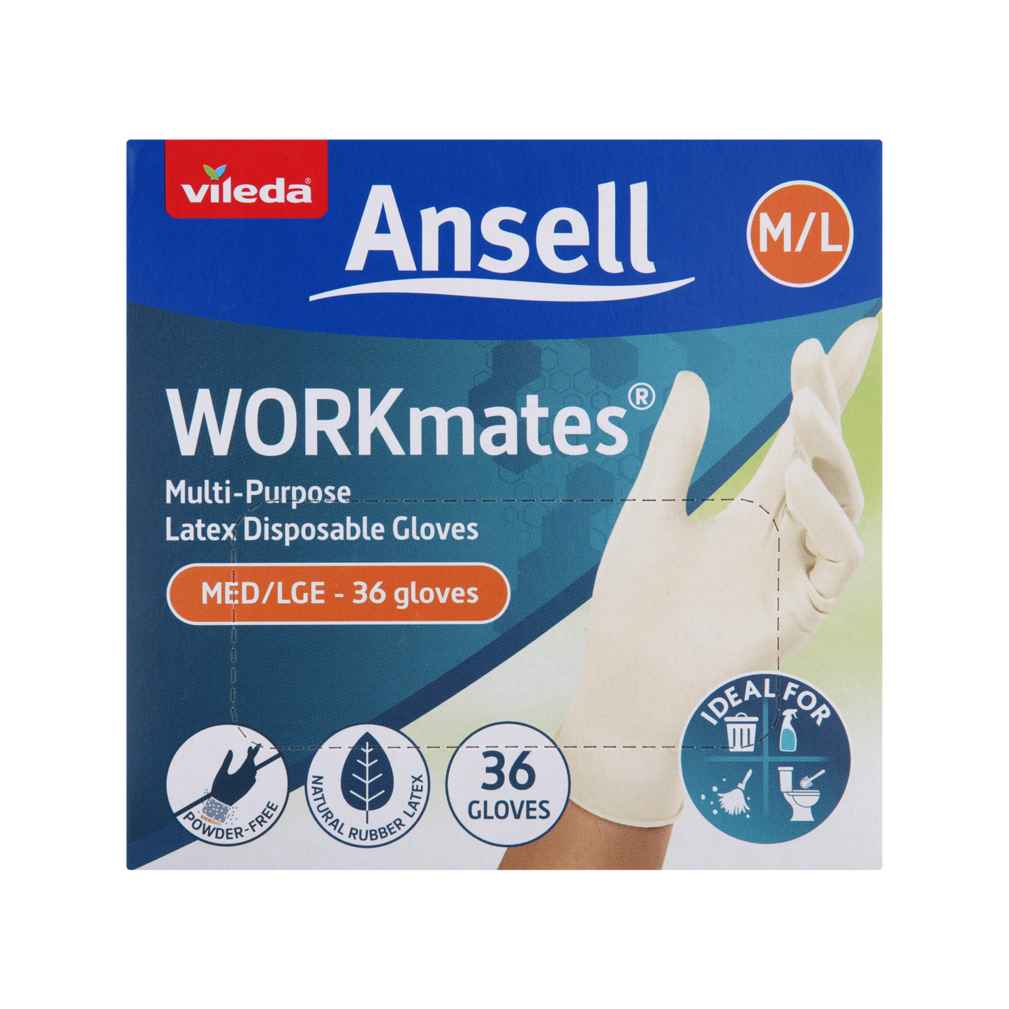 Vileda Ansell Workmates Latex Disposable Gloves Medium Large - 36 Pack