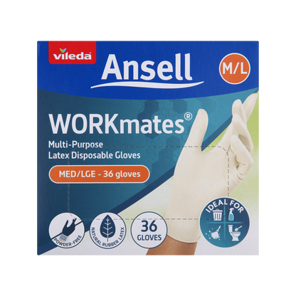 Vileda Ansell Workmates Latex Disposable Gloves Medium Large - 36 Pack