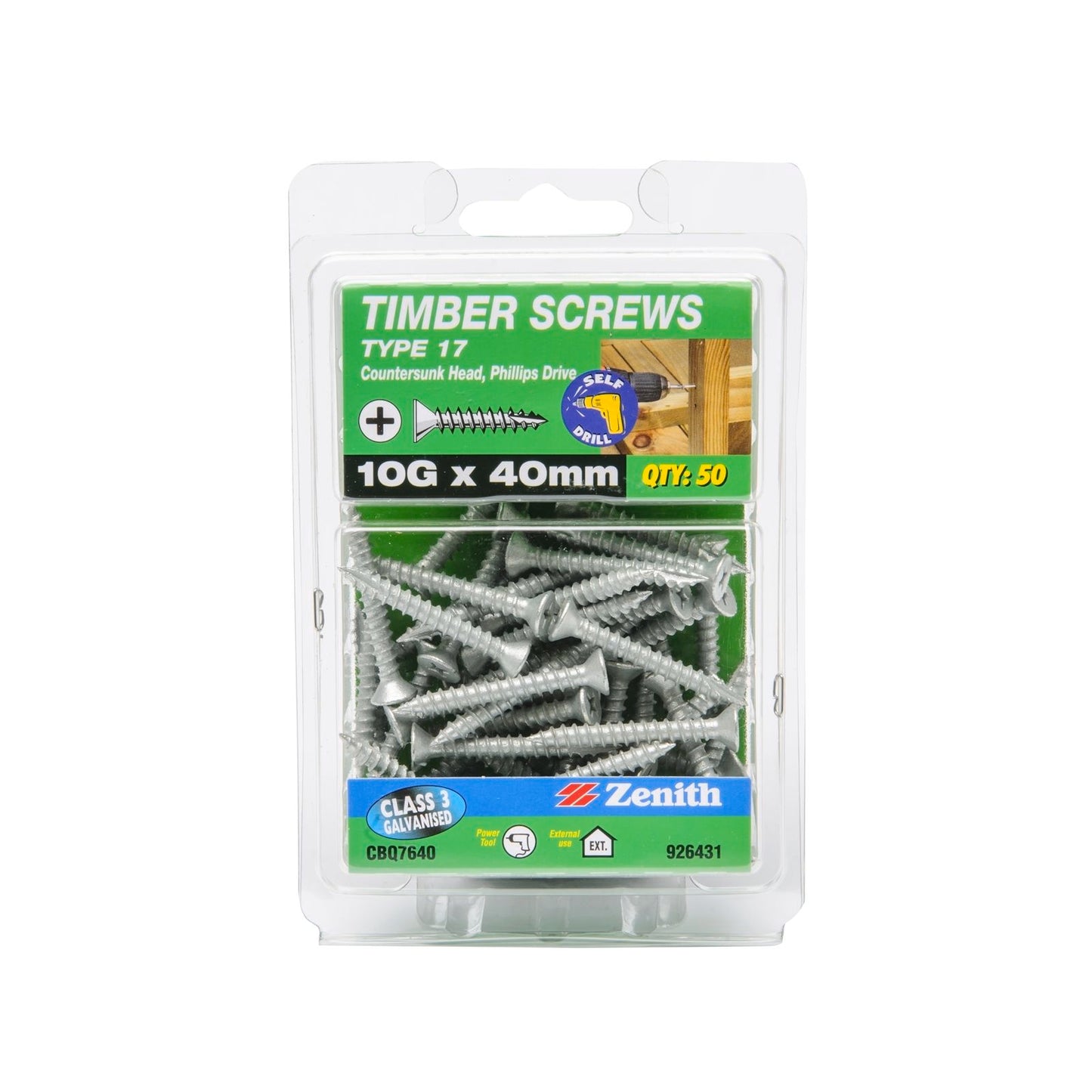 Zenith Galvanised Type 17 Countersunk Timber Screws - 10g x 40mm - 50 Pack