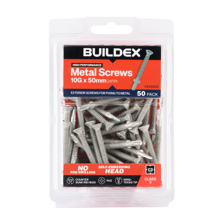 Buildex 10g x 50mm Class 3 Sheet Metal Screws Countersunk Rib Head 50 Pack