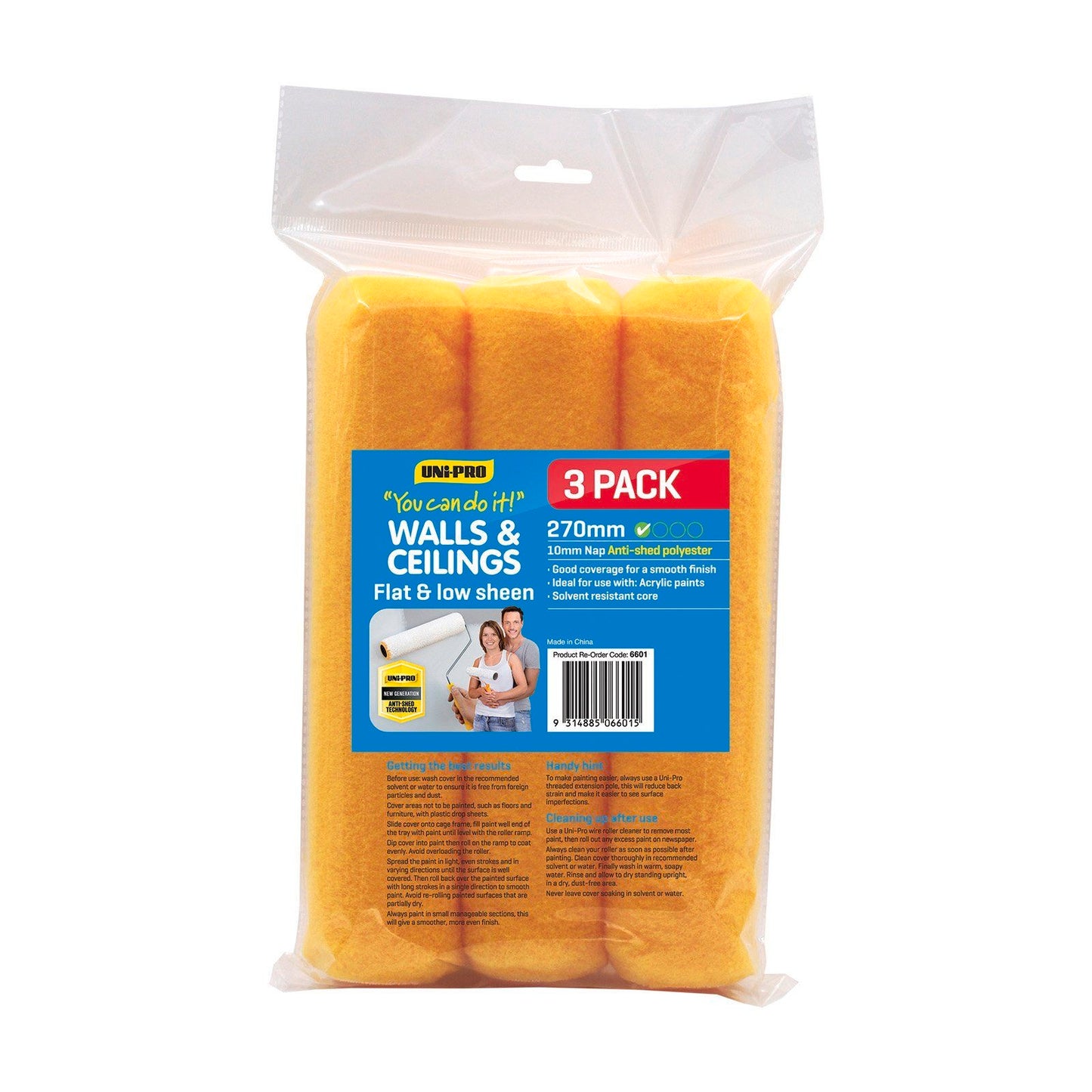 Uni Pro Paint Roller Cover - Flat & Low Sheen - 270mm - 3 Pack