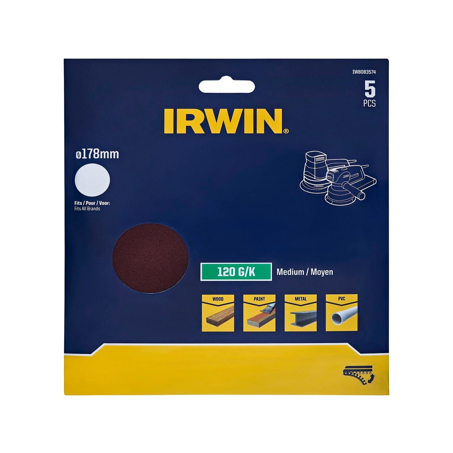 Irwin Quick Fit Random Orbital Sanding Discs - 178mm - 120 Grit - 5 Pack