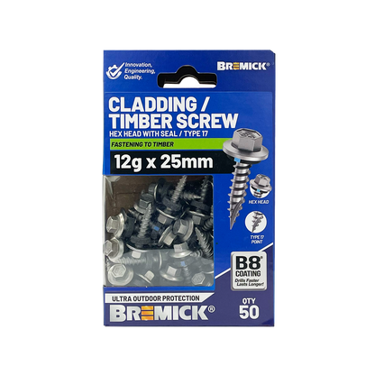 Bremick Hex Cladding Screw - 12g x 25mm - B8 - 50 Pack