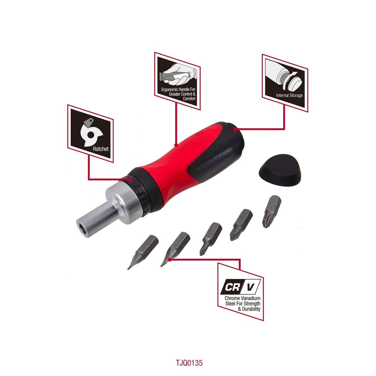 Trojan Ratchet Screwdriver Stubby - 6 in 1 - 75 x 40 x 190mm