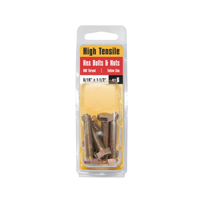 Pinnacle Hi Tensile Hex Bolt & Nut - 5/16 x 1-1/2" - Yellow - 6 Pack