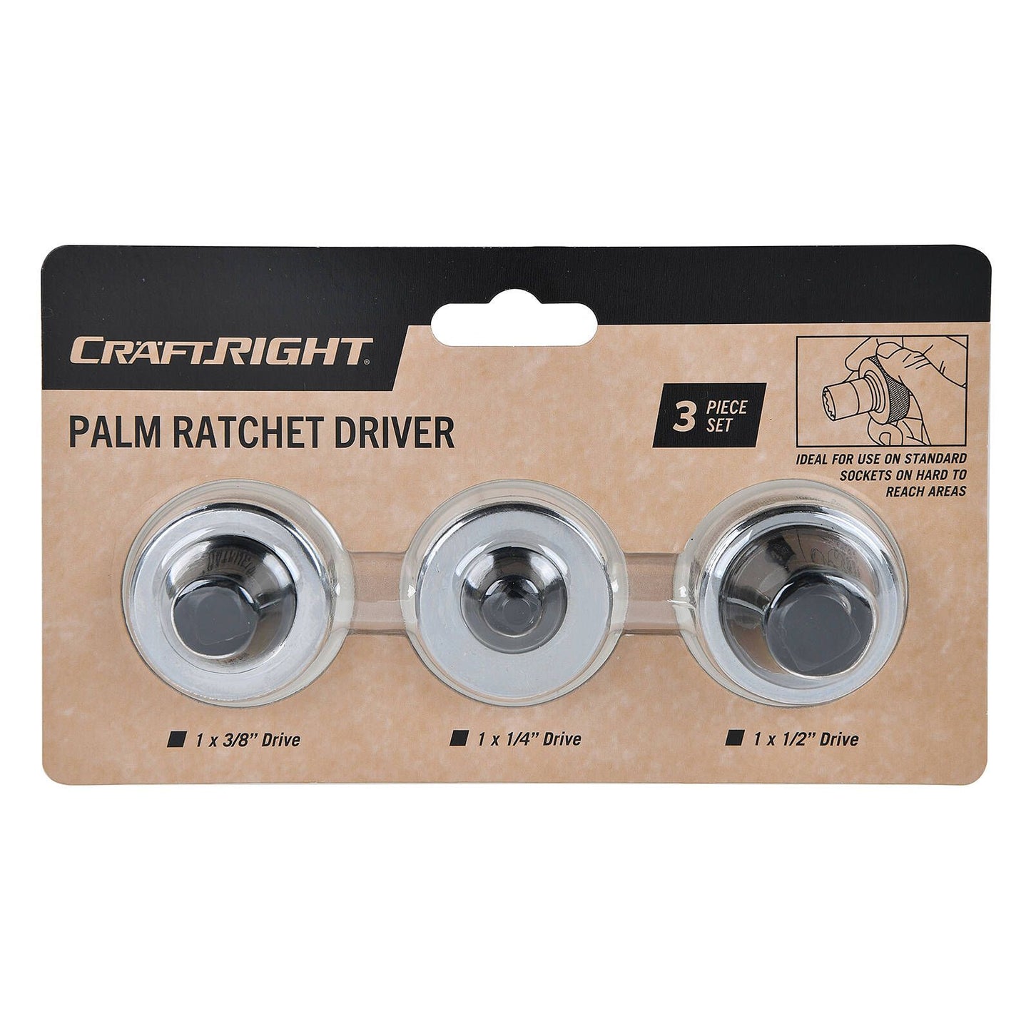 Craftright Palm Ratchet Driver Set - 3 Piece - 1/4", 3/8", 1/2"