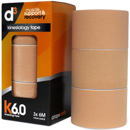 d3 K6.0 Kinesiology Tape 50mm x 6M x 3 Tapes Black