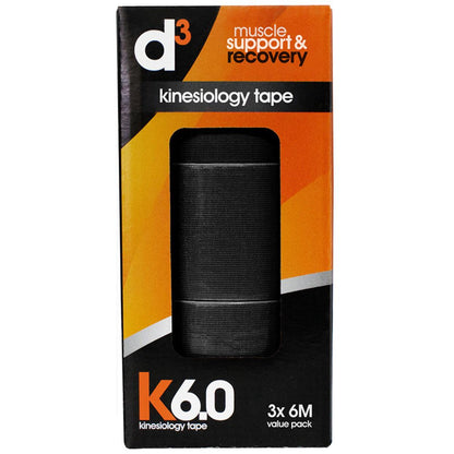 d3 K6.0 Kinesiology Tape 50mm x 6M x 3 Tapes Black