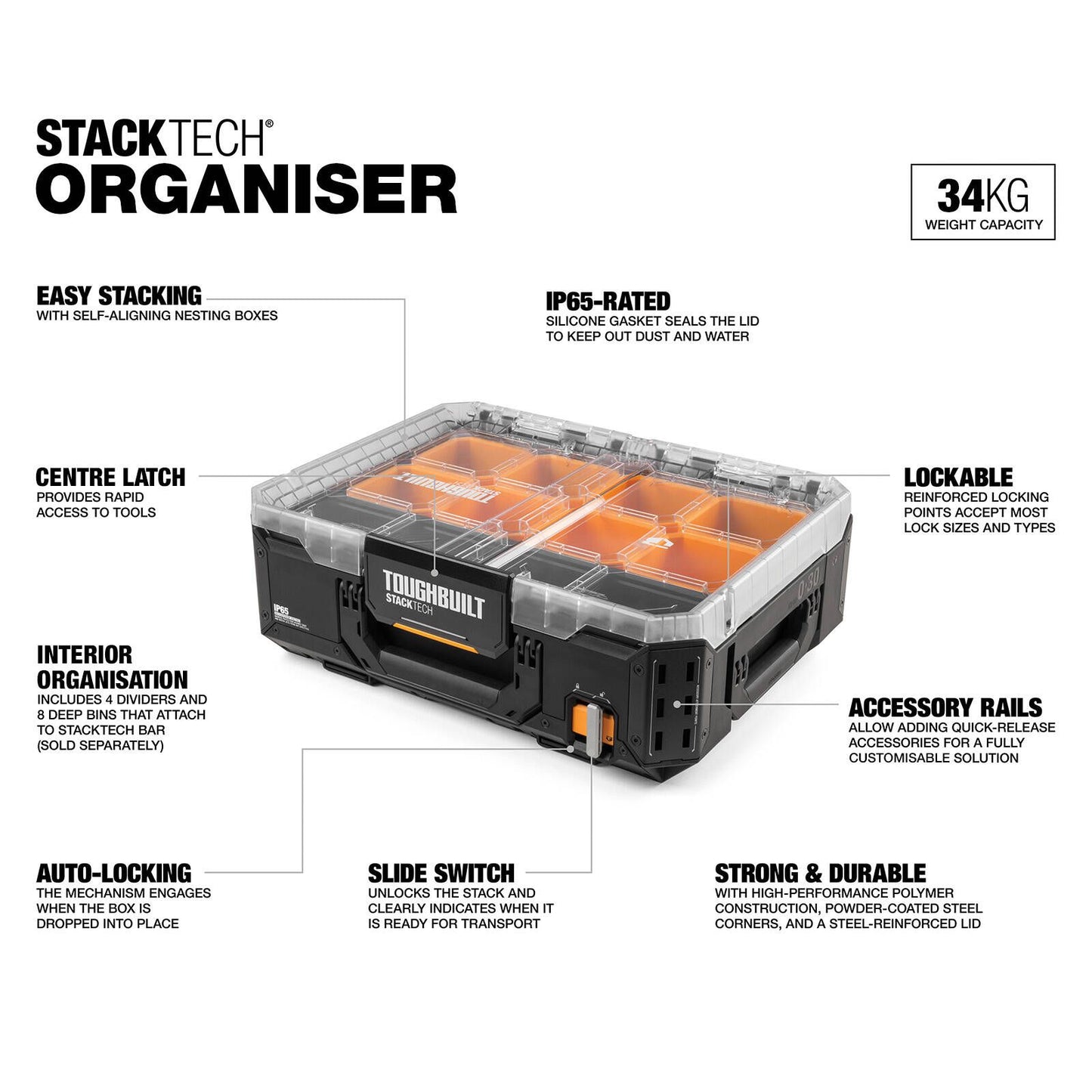 Toughbuilt Stacktech Organiser - 8 Deep Bins - 410 x 185 x 530mm