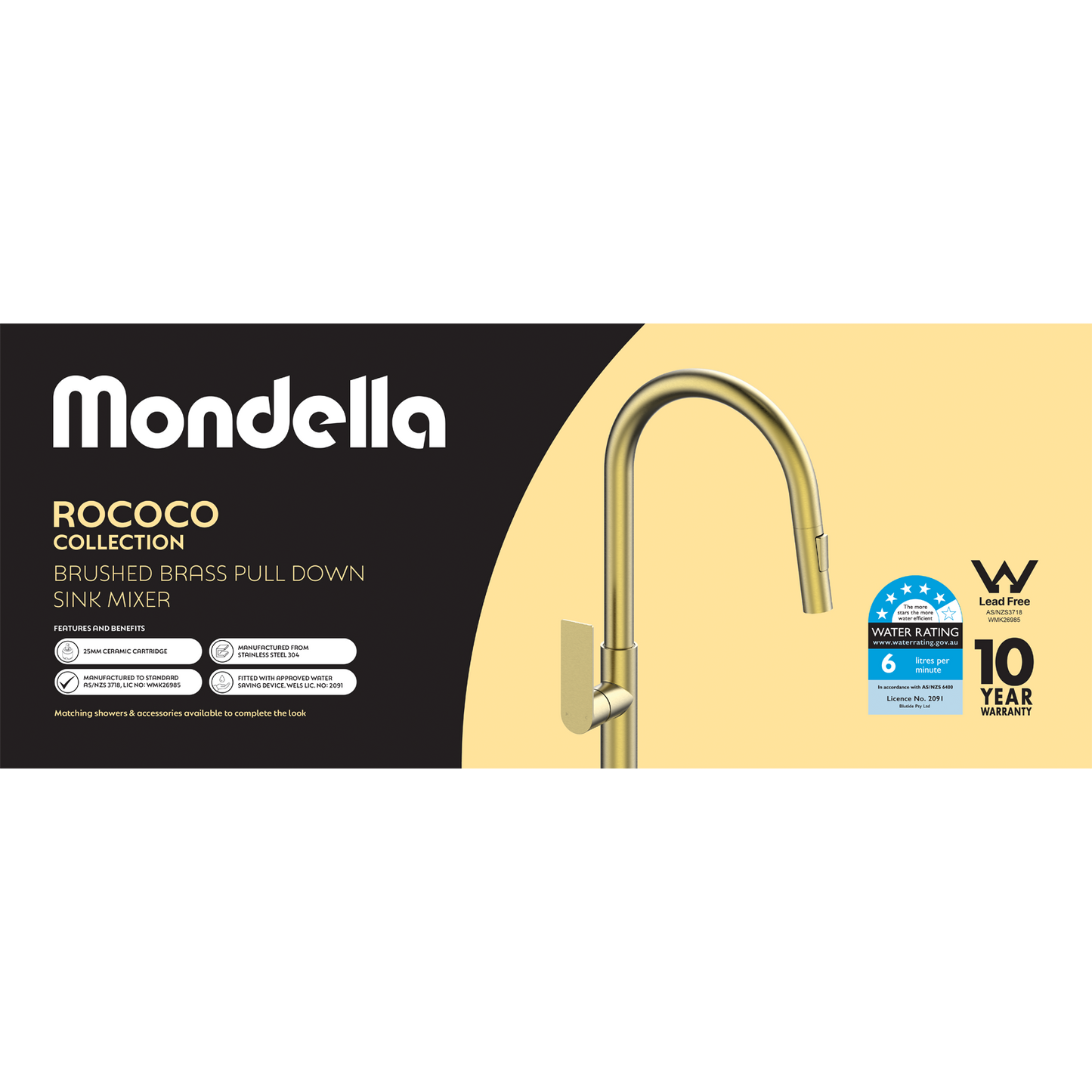 Mondella Rococo Pull Down Sink Mixer - 145 x 435mm - Brushed Brass