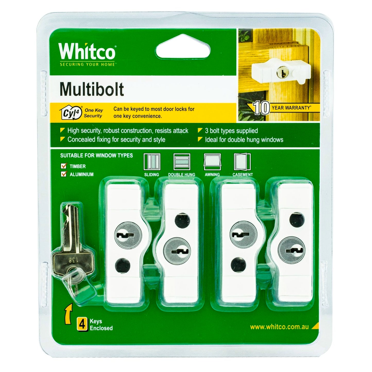 Whitco Cyl4 Multi Bolt Window Lock - White - 4 Pack