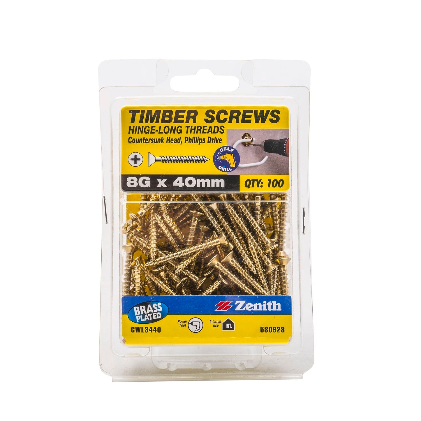 Zenith Timber Screws - 8g x 40mm - Brass - 100 Pack