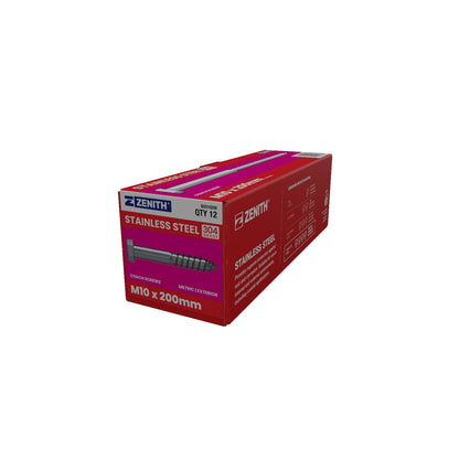 Zenith M10 Stainless Steel 304 Grade Hex Head Coach Screws - 200mm - 12 Pack