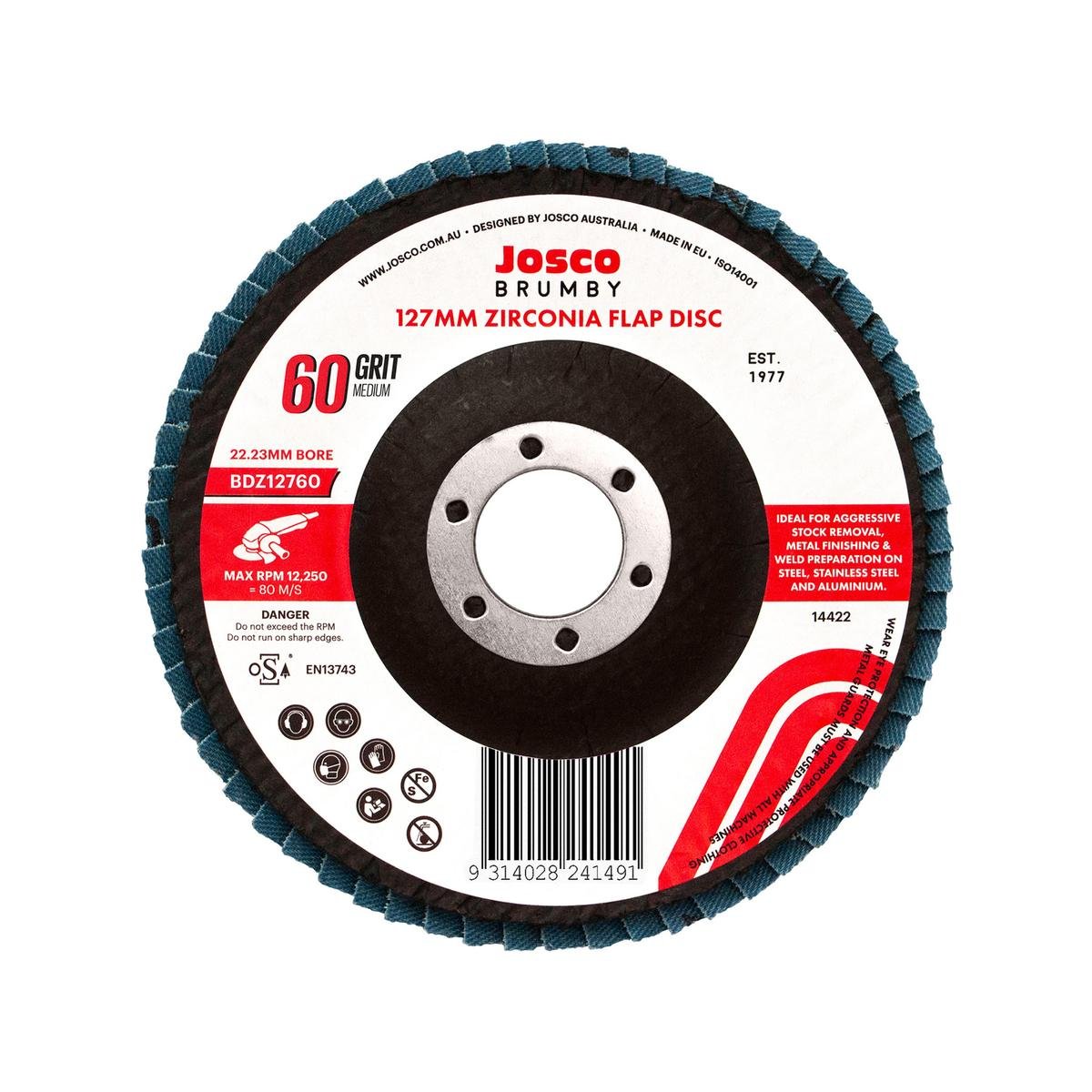 Josco 125mm 60 Grit Abrasive Flap Disc Zirconia Fast Grinding