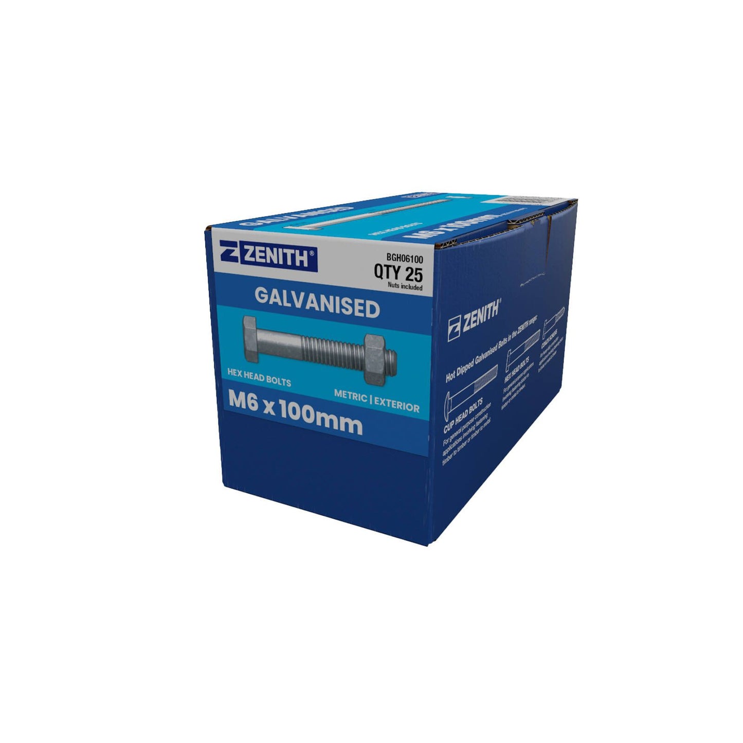 Zenith Hot Dip Galvanised Hex Head Bolts & Nuts - M6 x 100mm - 25 Pack
