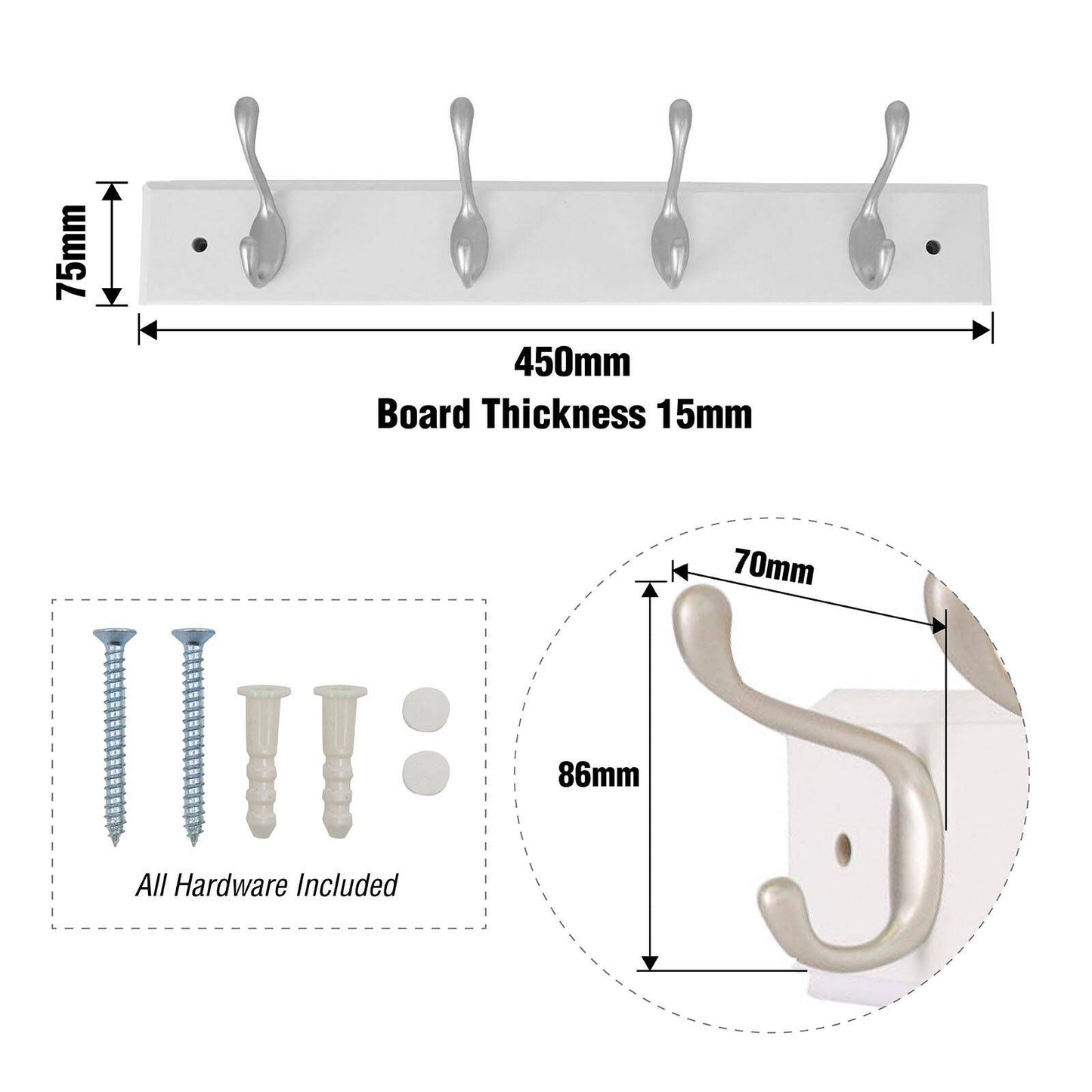 Syneco White Board Coat Rack - 4 Hooks - 450 x 100 x 75mm