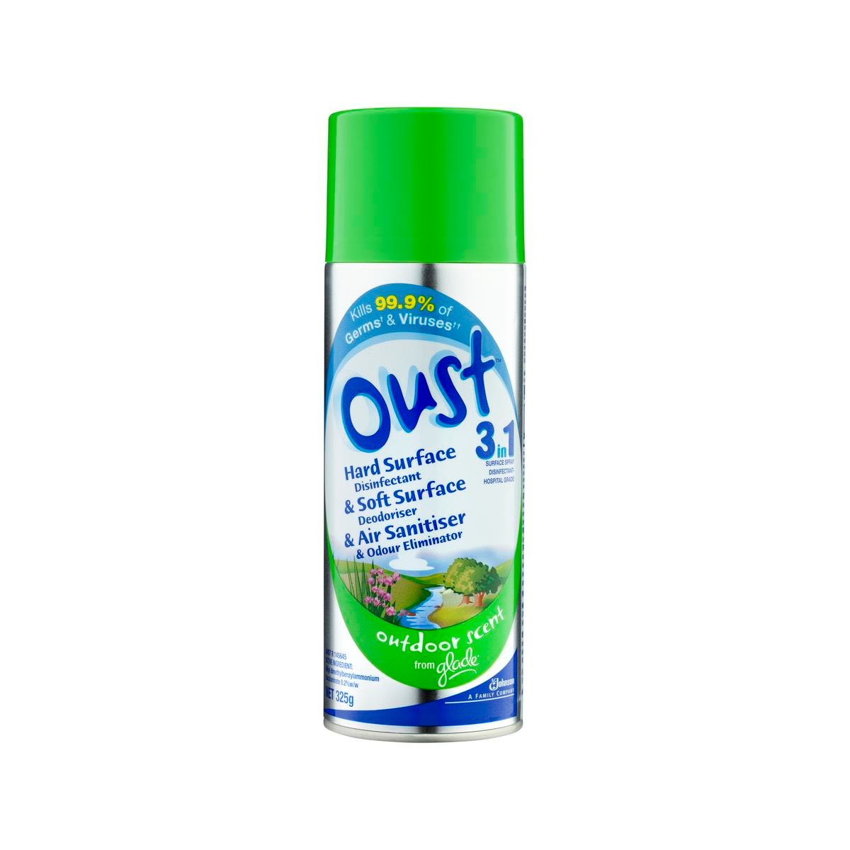 Oust 325g 3in1 Aerosol Spray Air Sanitiser - Outdoor Scent - Disinfects & Eliminates Odours