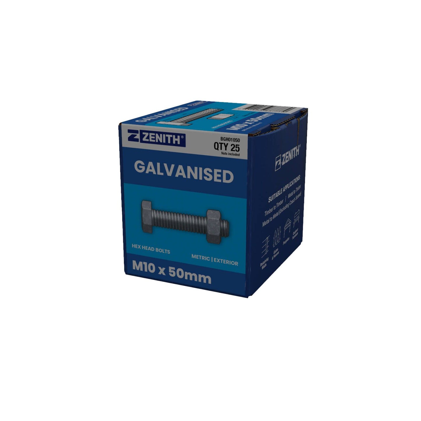 Zenith Hot Dip Galvanised Hex Head Bolts - M10 x 50mm - 25 Pack