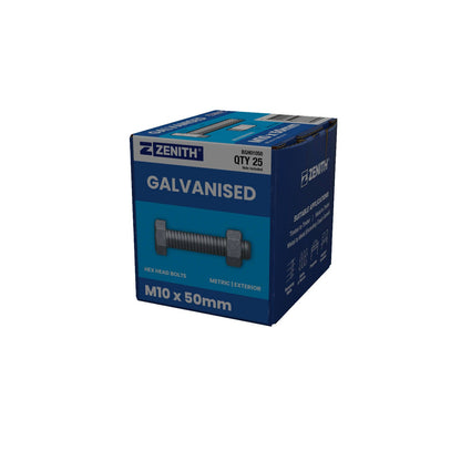 Zenith Hot Dip Galvanised Hex Head Bolts - M10 x 50mm - 25 Pack
