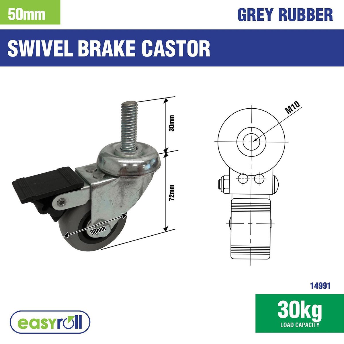 Easyroll 50mm Grey Rubber Swivel Castor 30kg Load Plus Brake