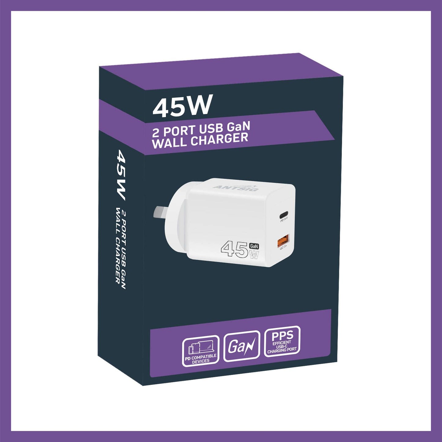 Antsig 45W 2 Port USB GaN Wall Charger - White
