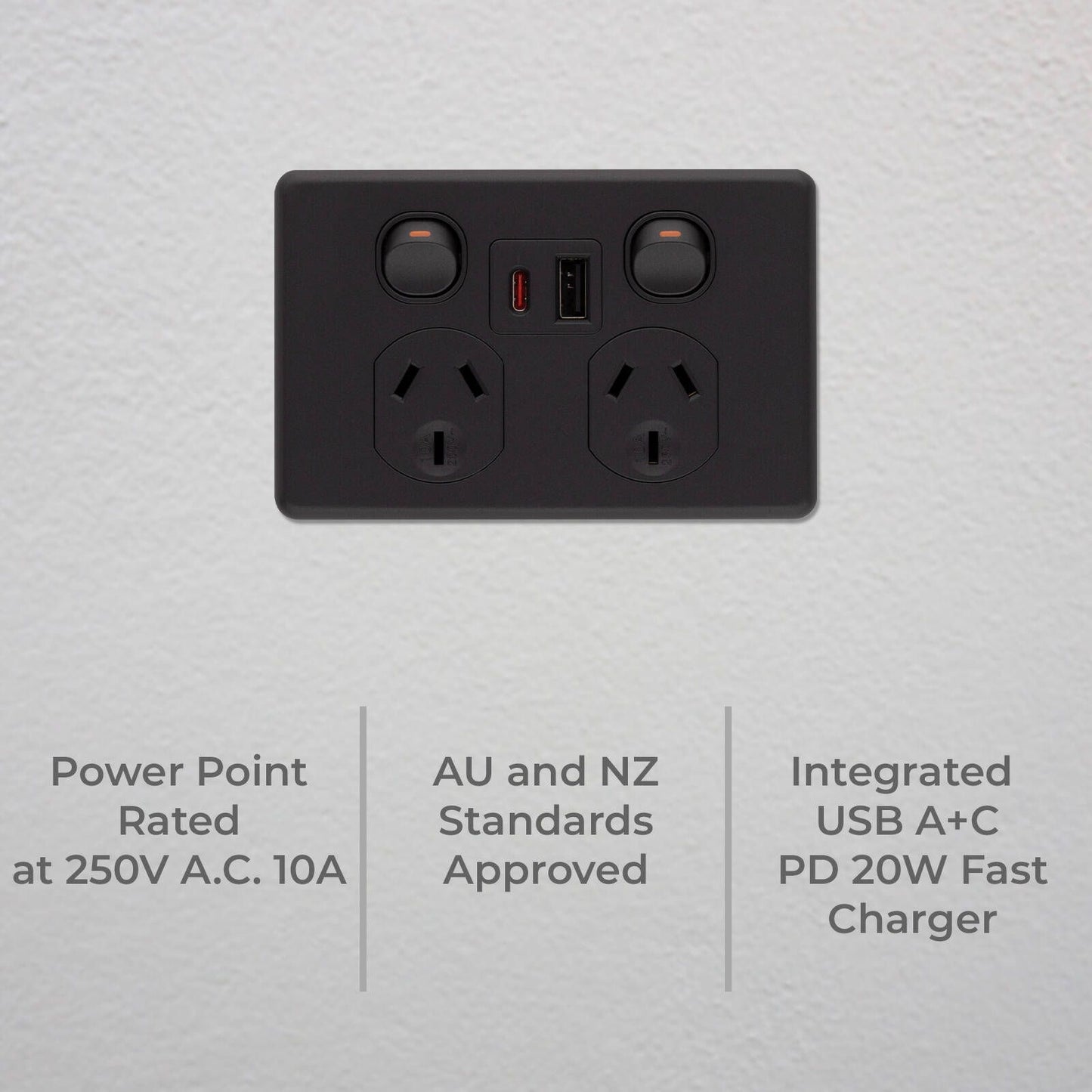Deta x6 Double Power Point - 50 x 74 x 115mm - Matte Black