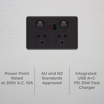 Deta x6 Double Power Point - 50 x 74 x 115mm - Matte Black